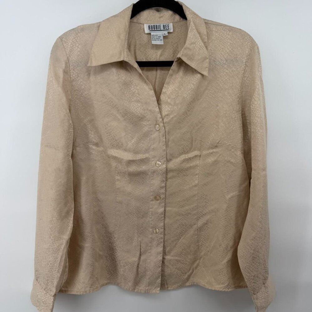 Vintage Robbie Bee 100% Silk Button Front Blouse Beige Jacquard Long Sleeve Size
